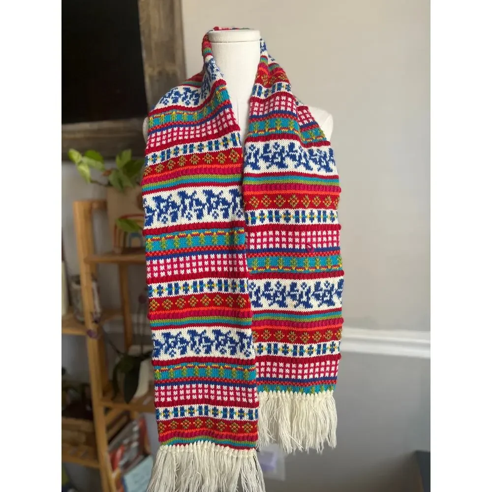 Vintage 90s Striped Knit Fringe Scarf Colorful Fair Isle Scandinavian